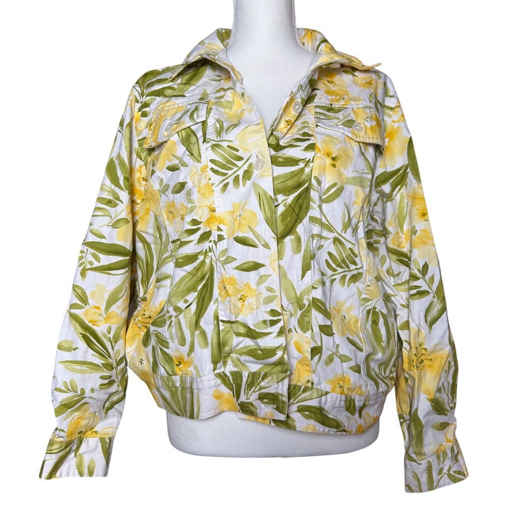 Alfred Dunner Floral Lily's Jacket Size 12 Yellow Green Cotton Button‎ Up Coat